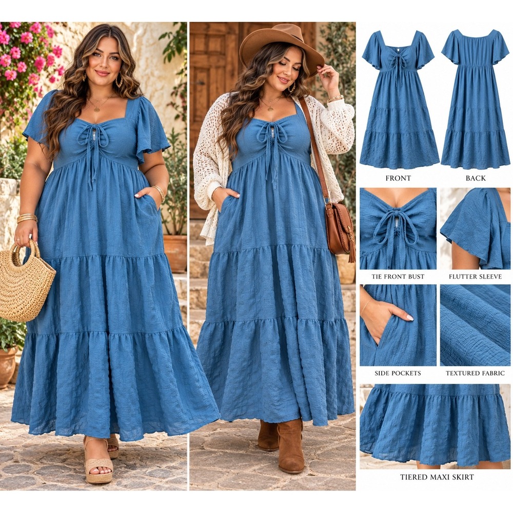 BloomChic Blue Textured Tiered Maxi Dress Flutter Sleeve Tie Front Plus 22-24